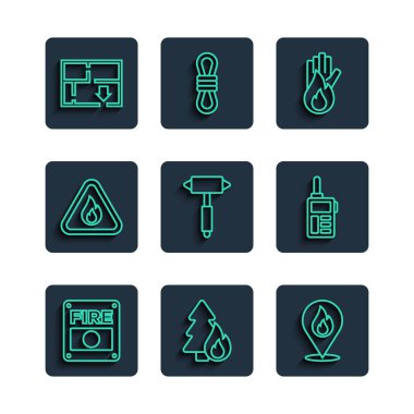 Yangın alarmı sistemi, yangın alevi ile yanan orman ağacı konumu itfaiye baltası üçgeni tahliye planı ve telsiz ikonu oluşturulmasın. Vektör.