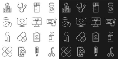 Tıbbi makası ayarla. El dezenfektanı şişesi. Ultrasound Medicine. Acil Alçı taşı hastane binasının sembolü. Vektör.