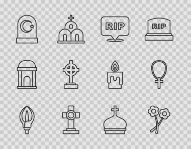 Lily 'nin çiçek desenli cümlesini kur. Müslüman mezarlığı kulesi ve Hıristiyan ikonu ile ölüm mezarını parçala. Vektör.