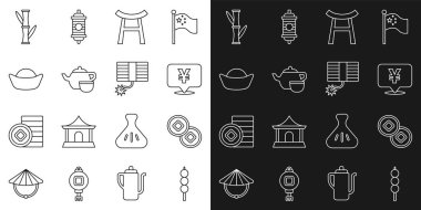 Çin Yuan para birimi Japon kapı çay seremonisi suşi bambu ve havai fişek ikonu. Vektör.