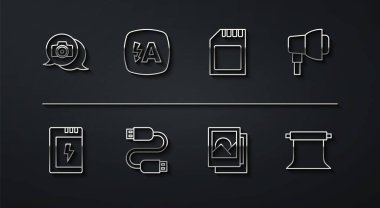 Softbox hafif çerçeveli USB kablo kablosu otomatik flaşlı fotoğraf stüdyosu ve SD kart simgesi için foto kamera bataryasını ayarla. Vektör.