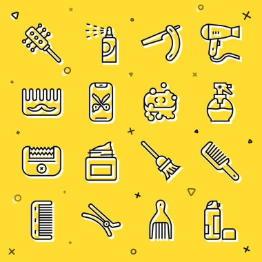 Jel köpük tıraş köpüğü saç fırçası sprey sprey şişesi düz tıraş makinesi online servis platformu ve ikonlu sabun. Vektör.