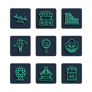 Dönme dolap salıncağını ayarla bilet gişesi Roller Coaster lolipop sıcak hava balonu tahterevalli ve palyaço kafası ikonu. Vektör.