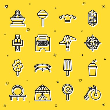 Su Target spor Jester şapkalı klasik bisiklet kağıt bardağı Sirk biletleri atlıkarınca salıncağı ve sıcak hava balonu ikonu. Vektör.