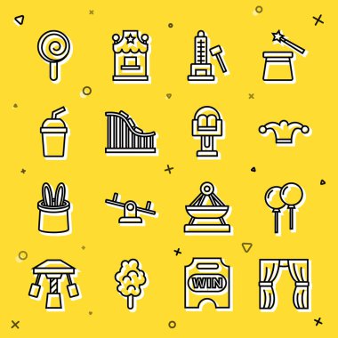 Sirk perdeleri, kurdele Jester şapkalı balonları kaldırır. Çekiç, çekiç, çekiç, cam bardak, lolipop ve atlıkarınca ikonu çeker. Vektör.