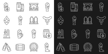 Çizgiye Boot bira fıçısı koy. Sosis çatal sokak tabelasında, Bar Glass of Hop ve Bira demleme ikonu ile birlikte. Vektör.