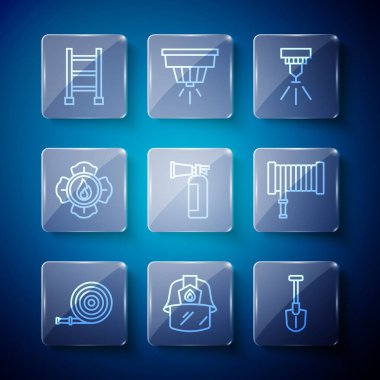 Yangın hortumu makarası, itfaiyeci miğferi, yangın söndürme sistemi yangın söndürme tüpü, yangın söndürme ve ikonu ayarlayın. Vektör.