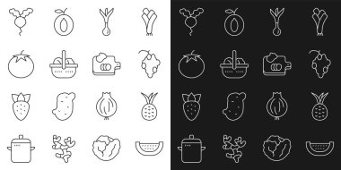 Karpuz Pineapple üzümlü soğan sepeti, domates turpu ve sebze ikonlu kesim tahtası. Vektör.