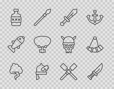 Cloud ve Şimşek Hançeri Orta Çağ kılıcı Viking boynuzlu kaskı viski şişesi kolyesi değerli kürekli kürek teknesi ve av ikonu. Vektör.