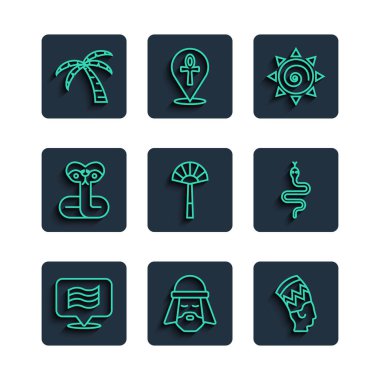 Mısır 'dan Nefertiti Sun hayranı Snake Tropikal palmiye ağacı ve ikonu. Vektör.