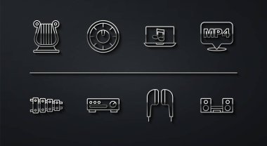 Antik Yunan Liri Xylophone MP4 dosya belgesi Air kulaklıkları Ses Karıştırıcı ev stereosu iki hoparlör ve dizüstü bilgisayar müzik ikonu ile ayarla. Vektör.