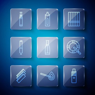 Sigara sarma kağıtlarını ateş Vape mod cihaz sıvı sigara ve kül tablası ikonu ile yakma kibriti olarak ayarla. Vektör.