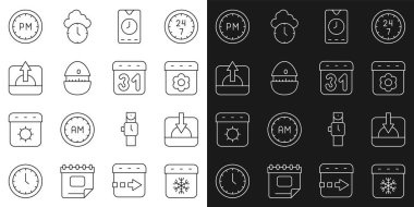 Calendar Kış Saati Günbatımı Alarm uygulaması mobil Mutfak Kronometresi Gün Doğumu Günü ve simgesi ayarla. Vektör.