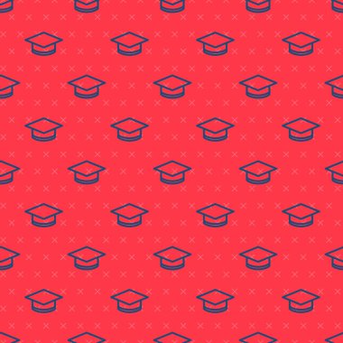 Mavi çizgi mezuniyet simgesi kırmızı arkaplanda izole edilmiş kusursuz desen. Tassel ikonlu mezuniyet şapkası. Vektör.