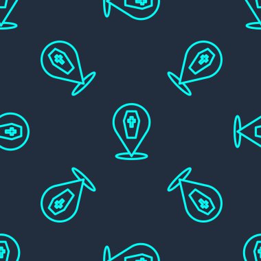 Yeşil çizgi tabut ve Hıristiyan haç simgesi mavi arka planda izole edilmiş kusursuz desen. Mutlu Cadılar Bayramı Partisi. Vektör.