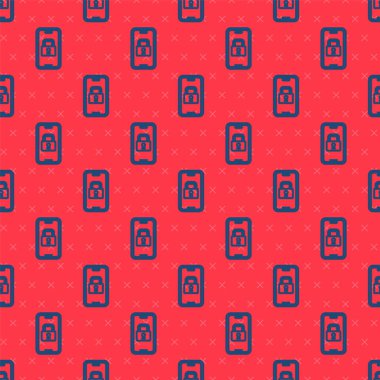 Mavi çizgi dijital kapı kilidi, kablosuz kilit teknolojisiyle kilit ikonu kırmızı arka planda izole edilmiş kusursuz desen. Kapı kolu tabelası. Güvenlik akıllı ev. Vektör.