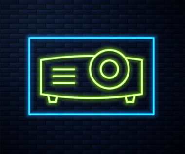 Parlak neon hattı sunumu, film, film, medya projektörü ikonu tuğla duvar arka planında izole edildi. Vektör.