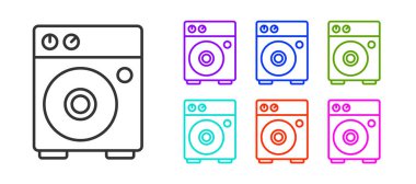 Siyah çizgi Gitar yükseltici simgesi beyaz arkaplanda izole edildi. Müzik aleti. Simgeleri renklendirin. Vektör.