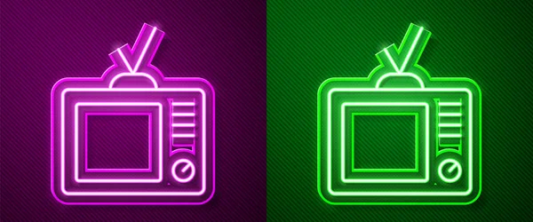 ネオンラインの輝き紫と緑の背景に隔離されたレトロなテレビのアイコン テレビの看板 ベクトル — ストックベクタ