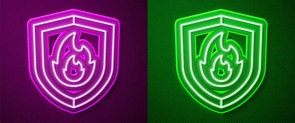 Светящаяся Неоновая Линия Значок Противопожарного Щита Выделен Фиолетовом Зеленом Фоне — стоковый вектор