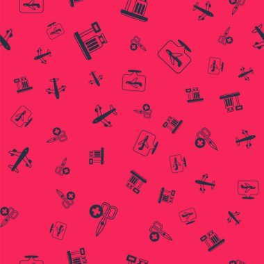 Makas koymayın, bavulla ölçeklendirin, uçak ve kusursuz desen. Vektör.