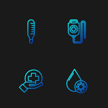 Kan testi ve virüsü hazırlayın. Haç hastanesi, termometre ve serum getirin. Renk simgeleri. Vektör.