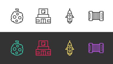 Ay 'ı bayrak, Lenin Anıtmezarı, Roket gemisi ve Akordiyon' u siyah beyaz olarak ayarla. Vektör.