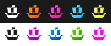 Eski Viking İskandinav Drackar simgesini siyah beyaz arkaplanda izole et. Viking nakliye gemisi. Vektör