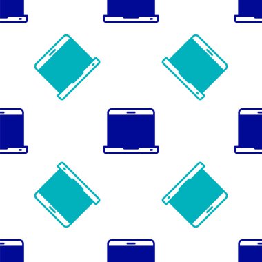 Mavi dizüstü bilgisayar simgesi beyaz arkaplandaki kusursuz deseni izole etti. Boş ekran işaretli bilgisayar defteri. Vektör