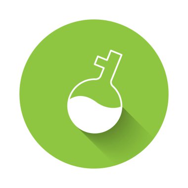 Beyaz test tüpü ve uzun gölge arkaplan izole edilmiş kimyasal test ikonu. Laboratuvar cam levhası. Yeşil daire düğmesi. Vektör