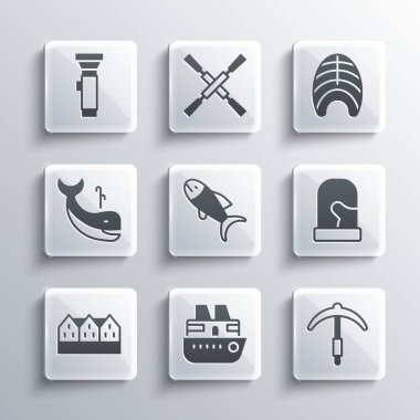 Seyir gemisi, kazma, Noel eldiveni, Balık, Norveç ahşap evi, Balina, El feneri ve biftek ikonu. Vektör