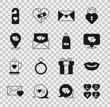 Love metni, gülen dudaklar, kalple konum, Zarif Sevgililer Günü, Lütfen rahatsız etmeyin ve ikon. Vektör