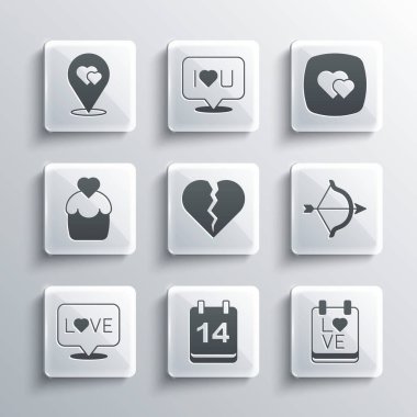 Takvimi 14 Şubat, Yay ve Ok, Kırık kalp veya boşanma, Aşk metni, Düğün pastası, Konum ve Kalp ikonu ile ayarla. Vektör