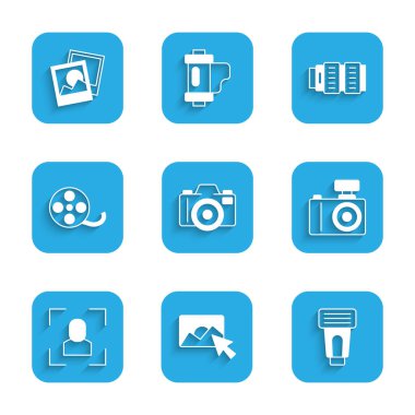 Fotoğraf makinesi, rötuş, flaş, kamera odaklı çerçeve hattı, film makarası, fotoğraf lensi ve simgeyi ayarla. Vektör