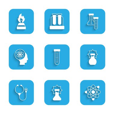 Test tüpünü, şişedeki patlamayı, atomu, steteskopu ve alkolü veya ruh yakma ikonunu hazırlayın. Vektör