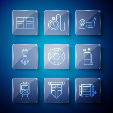 Tramvay ve demiryolu hattı, İngiltere bayrağı flamada, tahta fıçıda, golf sopasıyla, futbol topuyla, klasik sokak lambasıyla, Flag of and bag club ikonuyla. Vektör