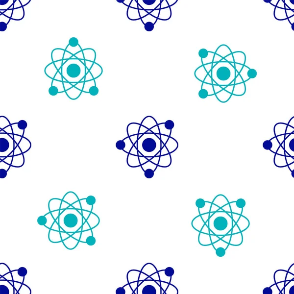 Синій Значок Атома Ізольований Безшовний Візерунок Білому Тлі Символ Науки — стоковий вектор