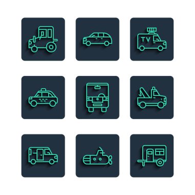 Minibus, Submarine, Rv Kamp karavanı, TV haber arabası, otobüs, taksi, traktör ve çekici kamyon ikonu. Vektör