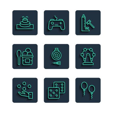 Çizgi oluşturan top, zar oyunu, balonlar, çekiçli Striker cazibesi klasik dart tahtası ve ok, dondurma kasesi, Fountain ve dönme dolap ikonu. Vektör