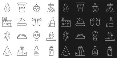 Hattı Burrito, Kaktüs, tekila şişesi ve cam, kafatasında yanan mum, Yılan, Meksika evi, Avokado ve Flip terlik ikonu. Vektör