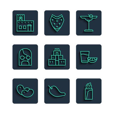 Fasulye, acı biber, burrito, margarita kokteyli, Chichen Itza in Maya, Meksikalı güreşçi, ev ve limon ikonlu tekila bardağı. Vektör