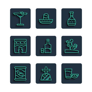 Fasulye konservesi, Meksikalı sombrero, limon, şişe ve Huehuetl, Margarita kokteyli ve kaktüs ikonu. Vektör