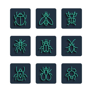 Çizgi Böcek, Böcek Sineği, Örümcek, Geyik, Sivrisinek, Mite ve Hamamböceği ikonu. Vektör