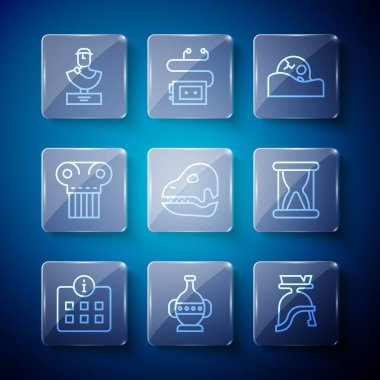 Sabit hat bilgileri, Antik amforalar, Roma askeri miğferi, insan kafatası, dinazor, sütun, büst heykeli ve kum ikonlu eski kum saati. Vektör