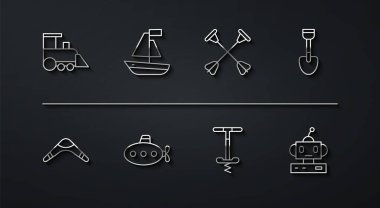 Oyuncak Treni, Bumerang, Kürek oyuncağı, Pogo sopa atlama, Denizaltı, Tekne, Robot ve Ok. Vektör
