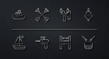 Oyuncak bot, fırıldak oyuncağı, Abaküs, ışın tabancası, emici uçlu ok, davul bageti ve sapan ikonu. Vektör