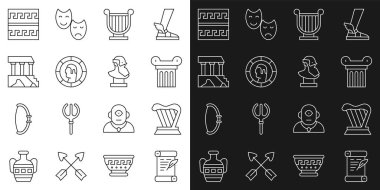 Hüküm, parşömen, parşömen, parşömen, harp, Kadim sütun, lir, Yunan parası, Parthenon, desen ve büst heykel ikonu. Vektör