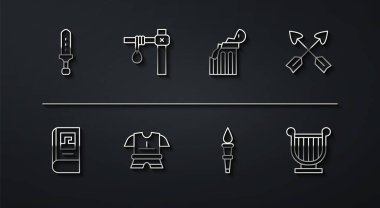 Orta Çağ kılıcı, Yunan tarihi kitabı, çapraz oklar, meşale alevi, çelik yelek, darağacı, antik lir ve kırık sütun ikonu. Vektör