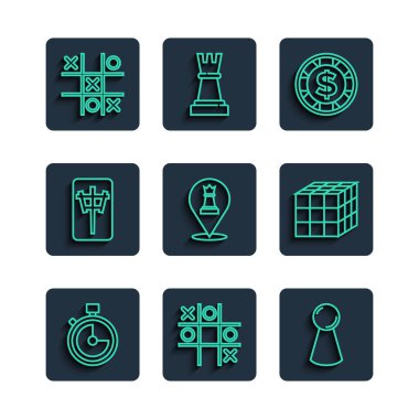 Çizgi Stopwatch, Tic Tac toe oyunu, Chip for board, Casino chip with dollar, Chess, Mahjong piece, and Rubik Cube icon. Vektör