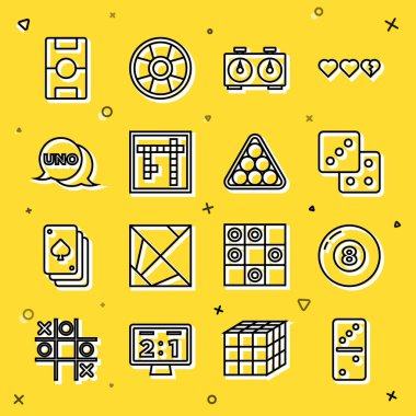 Sıra Domino, bilardo topu, zar oyunu, satranç saati, Bingo, Uno kart oyunu, hokey masası ve top üçgeni ikonu. Vektör